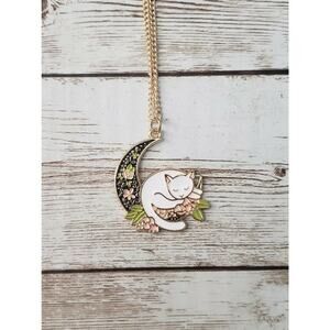 Cat & Moon Pendant Necklace Whimsical - Brand New